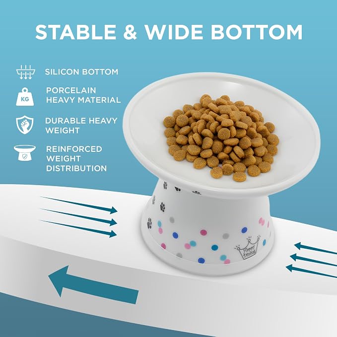 Necoichi Raised Cat Food Bowl Ceramic Elevated Cat Bowl for Whisker & Neck Fatigue, Dishwasher Microwave Safe Non-Slip & Anti Vomiting Ergonomic Design (Colorful Dots, Extra Wide, 2-Cups Capacity)