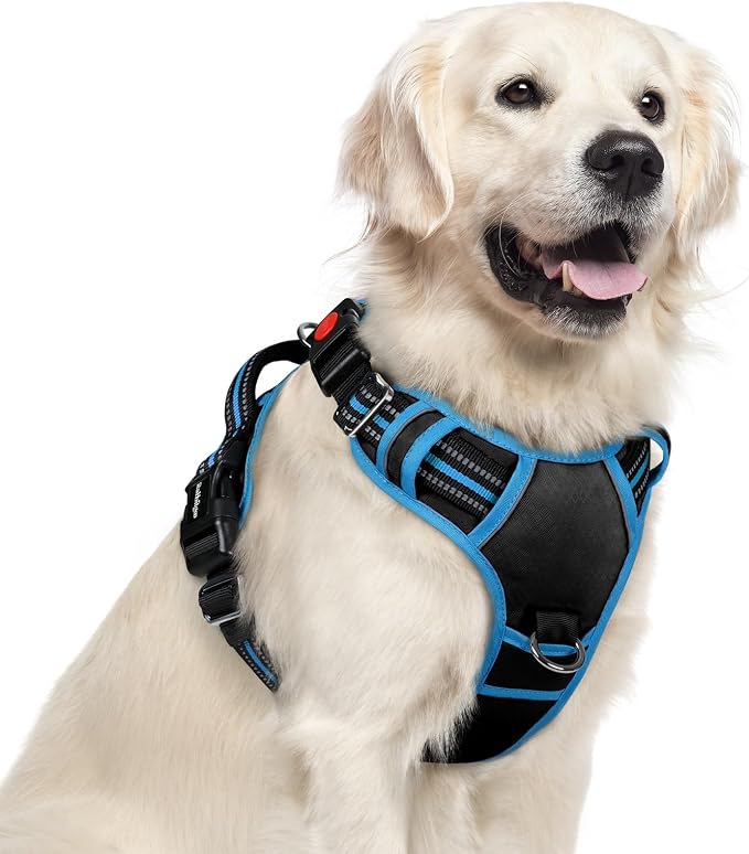 rabbitgoo Dog Harness for Large, No Pull 3 Buckles Easy On & Off | Soft Padded, Walking with Control Handle, Adjustable and Reflective, Black & Blue, X-Large