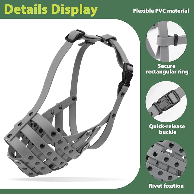 Pitbull Dog Muzzle for Large Medium Dogs Prevent Biting Scavenging | Fits Rottweiler Amstaff Broad-nosed Breed, Sturdy Breathable Basket, Training Walking Use, Allows to Drink | Grey, L