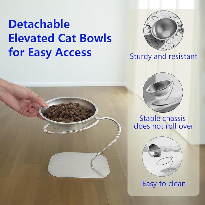 Elevated Cat Bowls,15 Degree Inclined Stainless Steel Cat Bowls,Detachable Metal Bracket,Protect The Cervical Spine,Prevent Vomiting,Ergonomic Design for Healthy Eating & Digestion,2PC (2PC)