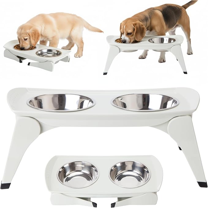 MalsiPree Elevated Dog Bowls for Small Dogs - 6.5" Raised Dog Bowl Stand with Splash Guard - Portable Folding Pet Feeding Station with 2 Stainless Steel Bowls - Travel Road Trip Foldable Collapsible