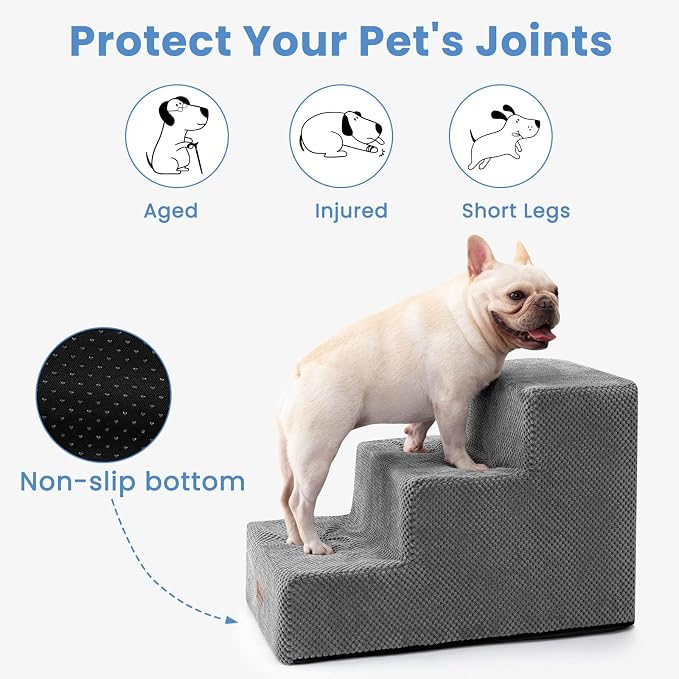 Aodisman Dog Stairs for Small Dogs & Cats,3-Step Extra Wide Non-Slip Pet Steps for Couch Sofa and Chair,Grey,15.7" H