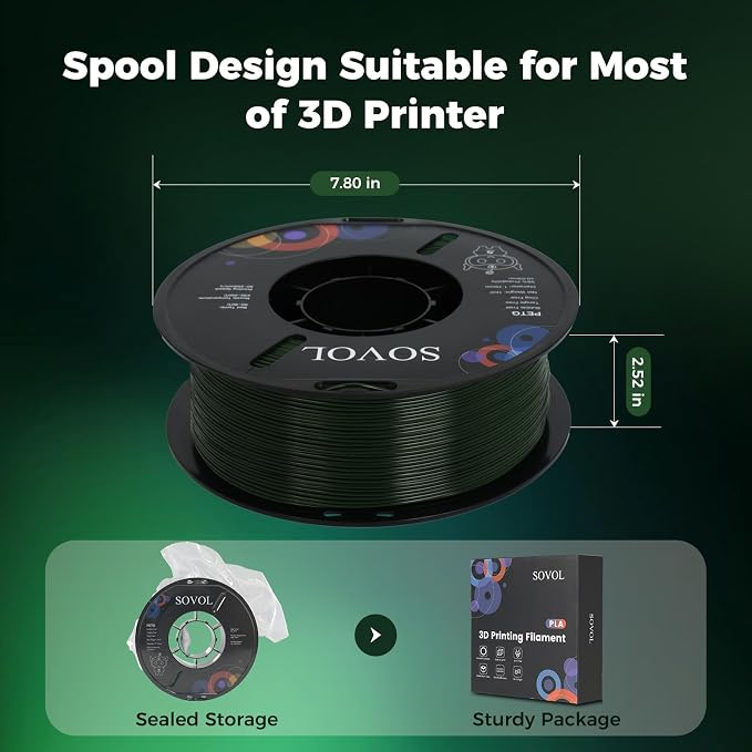 Sovol 3D Printer PETG Filament 1.75mm 1KG (2.2lbs), High Precision, Strong Toughness, Wiring Tightness, Dimensional Accuracy +/- 0.03 mm, 3D Printing PETG Filaments, Army Green