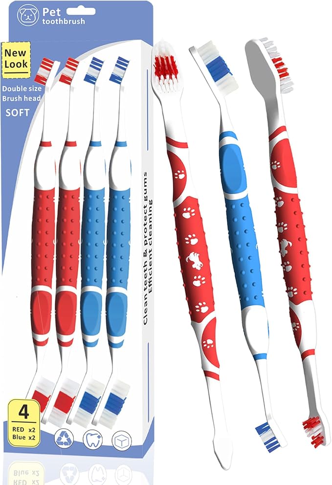 4Pcs Professional Pet Toothbrush, Dog & Cat Soft Bristle Double-Sided Brush Head Set, Pet Brushing Teeth to Clean Teeth to Reduce Tartar Buildup, Pet Dental Care Essentials