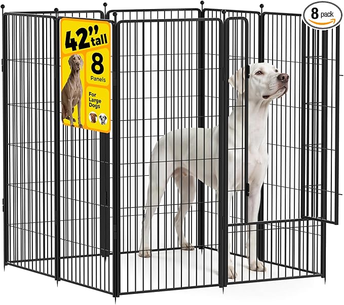 Dog Playpen 42 inch 8 Panels for Indoor & Outdoor Use – Heavy-Duty Metal Pet Fence with Ground Stakes, Rounded Ball Tops for Safety, Stable & Foldable Design, Easy to Assemble