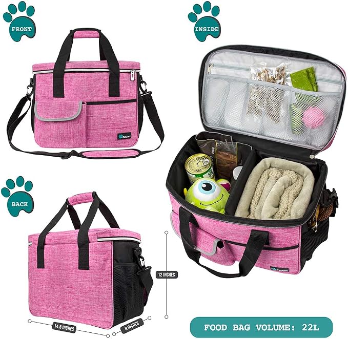 PetAmi Dog Travel Bag Organizer with Food Container & Bowls, Pink, Medium
