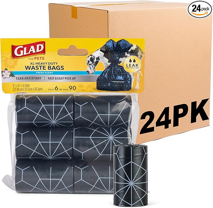 Glad for Pets Extra Large Scented Dog Poop Bags, Heavy Duty Tear-Resistant Pet Waste Pickup Bags with Fresh Scent, Easy-Tie Handles for Walking, Camping, Travel, 90 Count - 24 Pack