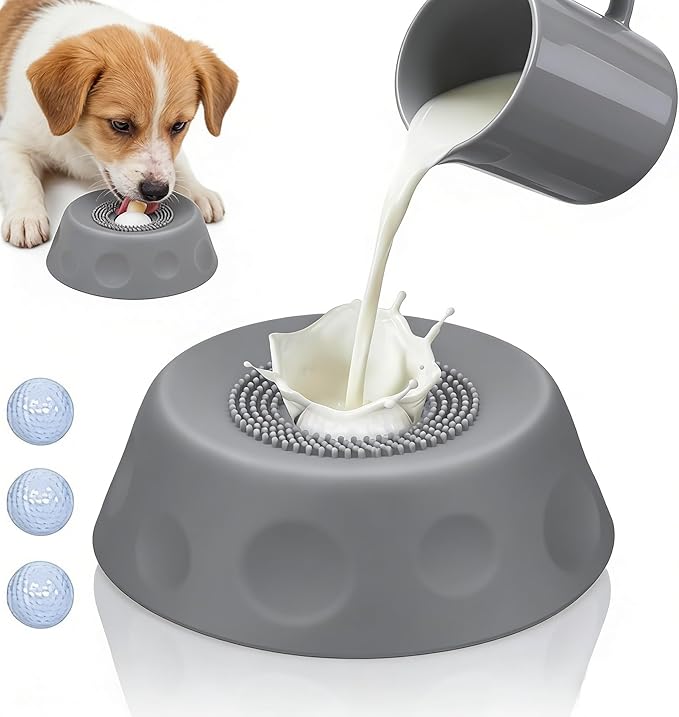 Slow Feeder Dog Lick Bowl with Rolling Ball,Anti-Slip Silicone Puzzle Feeder for Liquid Treats,Bone Broth,Yogurt,Wet Food,Anxiety Relief Enrichment Lick Toy for Large Medium Small Dogs & Cats (Grey)
