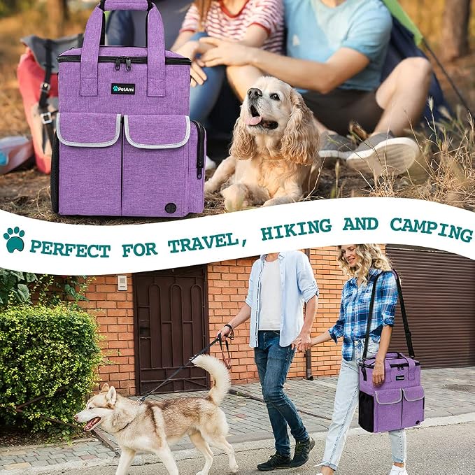 PetAmi Dog Travel Bag Organizer with Food Containers & Bowls, Purple