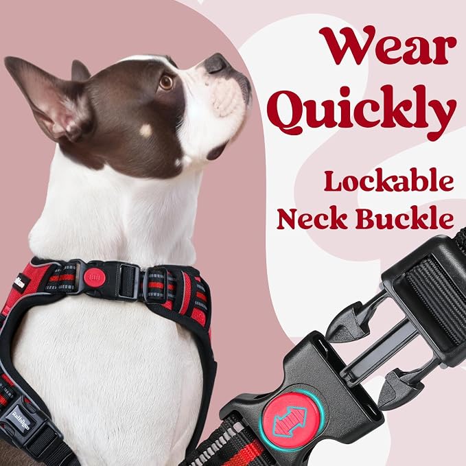 rabbitgoo Dog Harness for Large, Updated Easy On & Off with 3 Buckles | No Pull No Choke, Walking with 2 Clips and Handle, Adjustable Soft Reflective, Red, Large