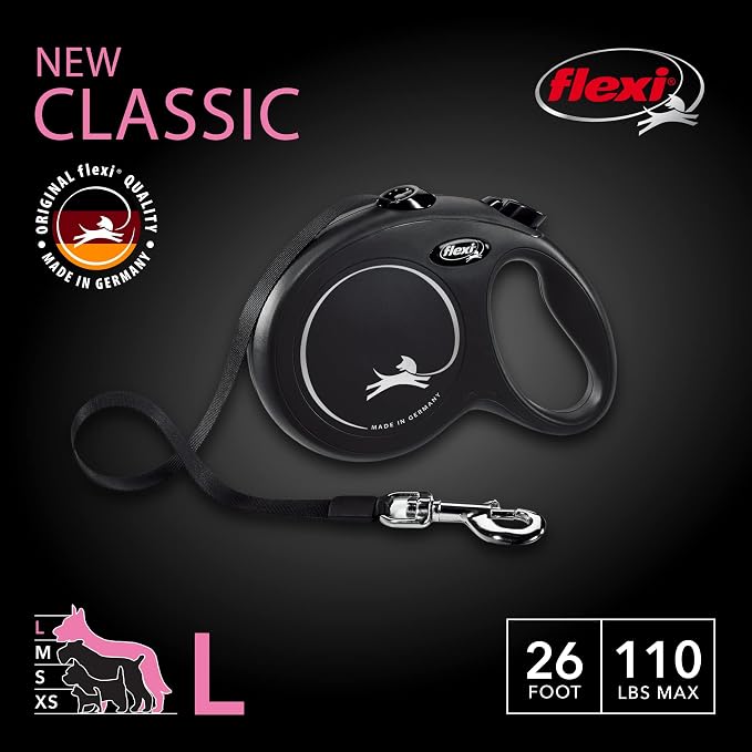 FLEXI® Classic Tape Retractable Dog Leash, Large, 26 ft - Black | German engineered, original flexi leash, durable quality for dogs up to 110 lbs, tangle-free, walking, reliable brake system