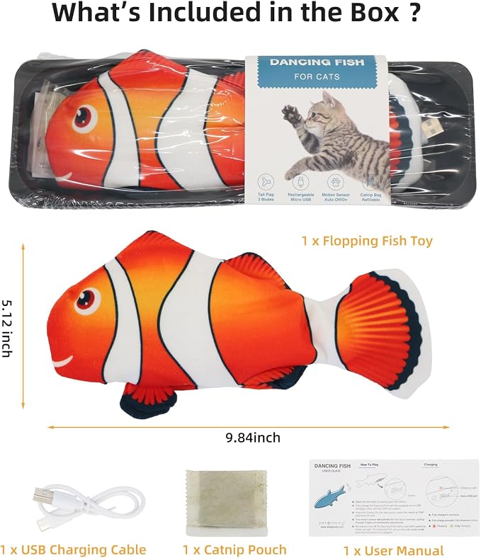Flopping Fish Cat Toy, Interactive Moving Plush Cat Kicker Toy with Catnip Pocket, USB Rechargeable Automatic Wiggle Clownfish Toy for Indoor Kitten & Small Dogs, Single Clownfish（9.84Inch）