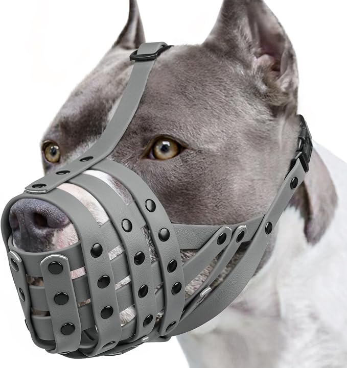Pitbull Dog Muzzle for Large Medium Dogs Prevent Biting Scavenging | Fits Rottweiler Amstaff Broad-nosed Breed, Sturdy Breathable Basket, Training Walking Use, Allows to Drink | Grey, L