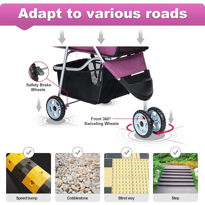 BestPet 3-Wheel Pet Stroller - Purple, Cup Holder