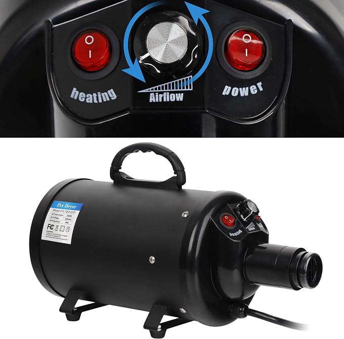 ZENY Dog Dryer, Pet Grooming Blower with Heater for Cat/Dog, 2400W Speed-Adjustable Pet Hair Dryer, with 4 Different Nozzles + 2 Filter, Black