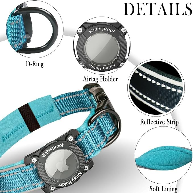 Waterproof Dog Collar Holder Compatible with AirTag, Blue, S | 1000D Nylon, Reflective Stitching for Night Visibility, Adjustable Soft Padded, Ultra-Durable, for Small Medium Large Dogs