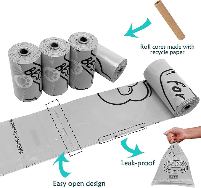 Dog Poop Waste Bags Holder with LED Flashlight|Cute Doggie Poo Bags Dispenser for Pet Leash|Trash Waste Bags Carrier with Potty Clip Fastener LR44 Button Cells Included (Grey, 2 Holder 30 Bags)