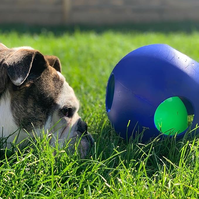 Jolly Pets Teaser Ball Interactive Dog Toy, 8 in Large, Blue | Ball-within-a-ball puzzle toy that floats - add peanut butter to the inner ball for extra fun