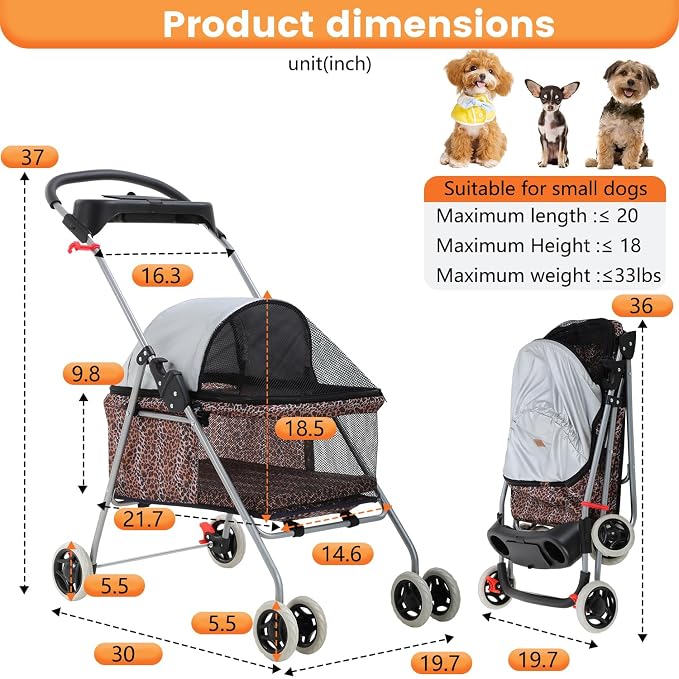 BestPet 4-Wheel Foldable Pet Stroller - Leopard Skin, up to 33lbs