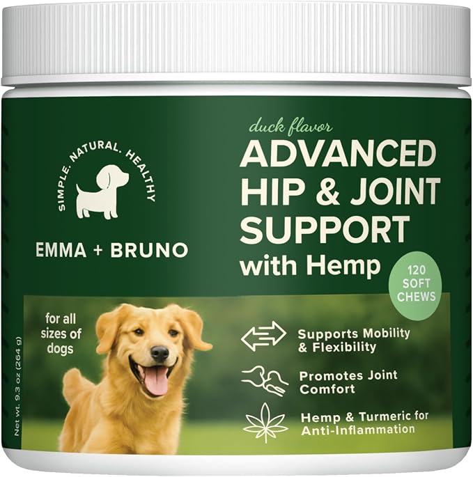 Emma + Bruno Hip & Joint Soft Chews for Dogs – Mobility Support with Glucosamine, MSM & Chondroitin, Hemp Seed Oil – Duck Flavor – 120 Soft Chews