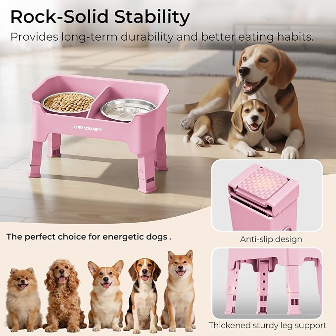 URPOWER Mess Proof Elevated Dog Bowls 4 Height Adjustable Raised Bowl Stand with 2 Stainless Steel Dog Bowls Non-Slip Food and Water Bowl Set for Small and Medium Dogs, Pink