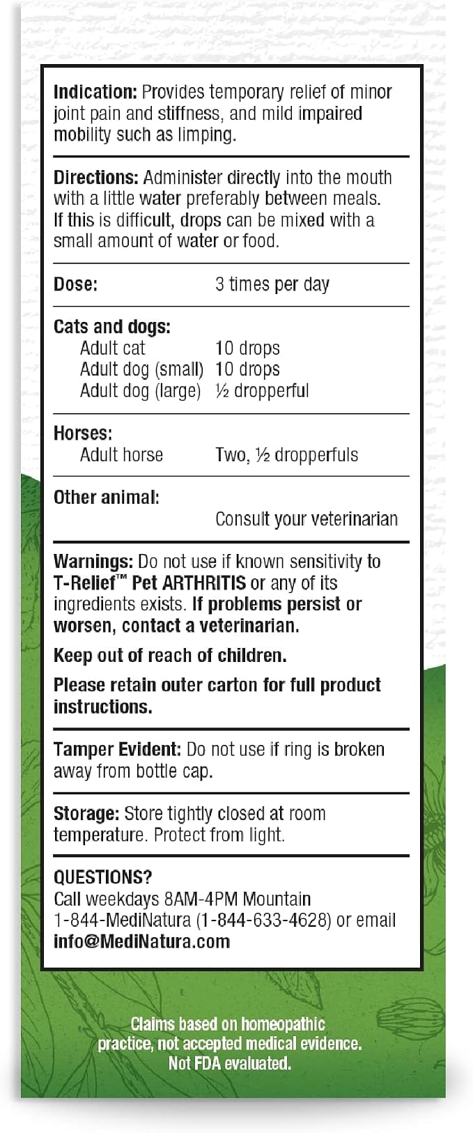 MediNatura T-Relief Pet Joint Aches Drops, Arnica +12, 1.69 oz, 2 Pack