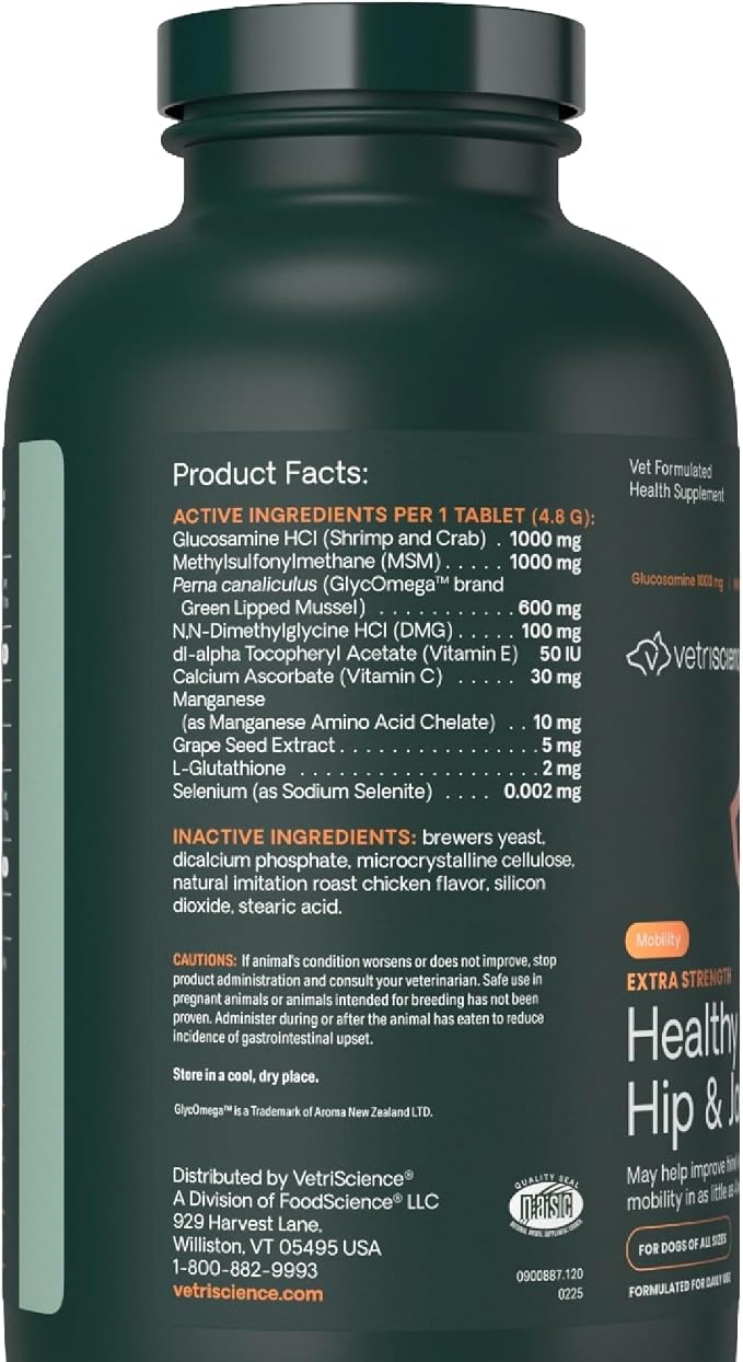 VetriScience Extra Strength Healthy Hip & Joint Chewable Tablets,GlycoFlex Glucosamine and Green-Lipped Mussel JointSupport Supplement for Dogs,Soothe-JointDiscomfort,Chicken,120 Count (Pack of 2)