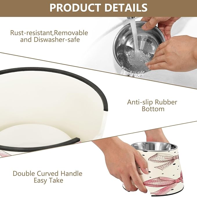 YETTASBIN Bow Pink Elevated Dog Bowls, Prevention of Vertebrae Disease Raised Dog & Cat Bowl Stand with Removable Stainless Steel Bowls, Non-Slip Spill-Proof Pet Food & Water Bowl Dish