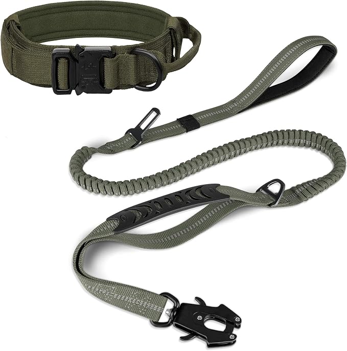 Joytale Tactical Dog Collar(17"-21") and Dog Leash Set, Shock Absorbing Bungee Dog Leash and Adjustable Strong Dog Collar with Handle for Large Dogs(ArmyGreen, L)
