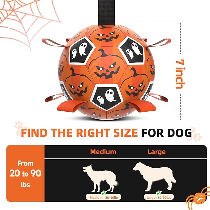 Diman Halloween Dog Toys, 7 Inch Dog Balls, Dog Soccer Ball with Straps | Outdoor Dog Toys, Balls for 30-90 lbs Dogs, Halloween Gifts for Dogs, Dog Toy Balls for Tug of War