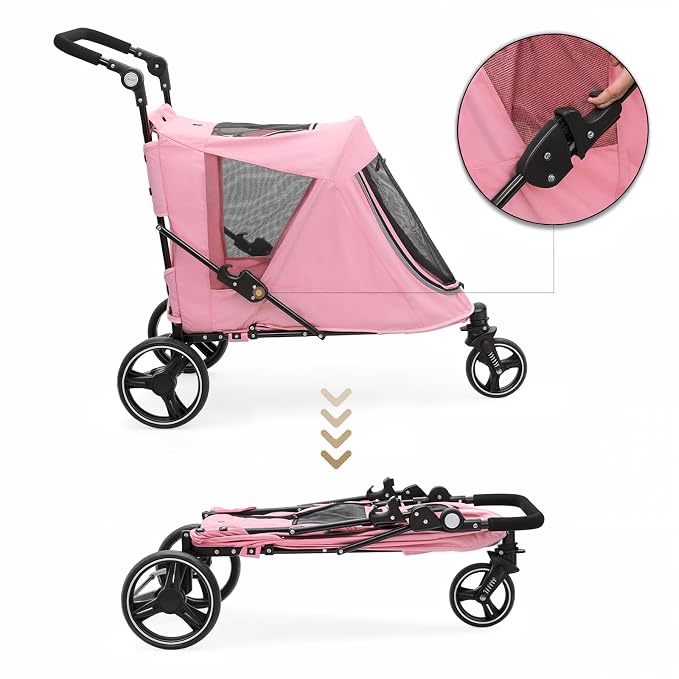 MoNiBloom 3-Wheel Pet Stroller for Large Dogs - Pink, up to 55lbs, Dual Entry