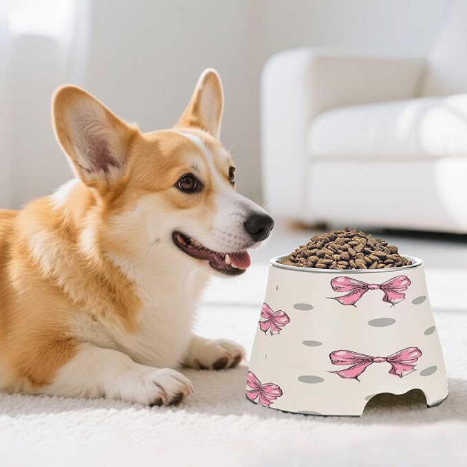 Blueangle Elevated Dog Bowls with Stainless Steel - Non-Slip 2.3 Cup High Capacity Pet Dish for Spinal Health & Dots with Bows Design（423）