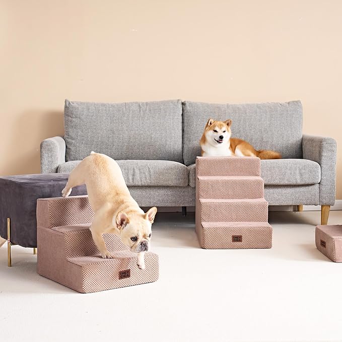 EHEYCIGA Dog Stairs for Small Dogs 13.5" H, 3-Step Dog Steps for Couch Sofa and Chair, Pet Steps for Medium Cats, Non-Slip Balanced Pet Ramp Indoor, Pink