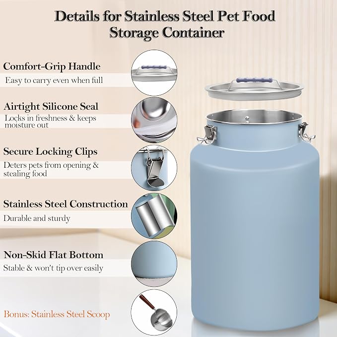 25lb Stainless Steel Dog Food Storage Container with Lid and Scoop, 25lb, Stainless Steel, Blue