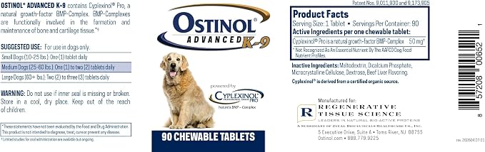 ZyCal Ostinol Advanced K-9 Joint Supplement for Dogs – Bioactive Protein Complex with Cyplexinol® Pro 50mg | Bone & Joint Dog Supplement | 90 Chewable Bone-Shaped Tablets