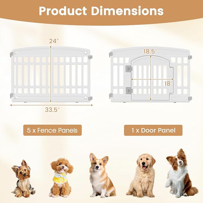 PETSITE 6-Panel Plastic Dog Playpen with Door, 24 Inch Tall Shape-Customizable Pet Playpen Indoor Outdoor, Ideal for Small & Medium Dogs and Puppies, with Lockable Door, Easy to Assemble