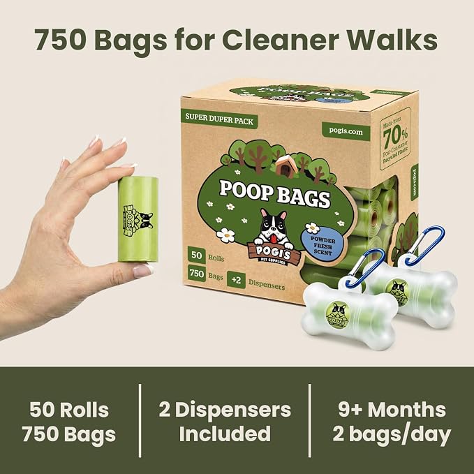 Pogi’s Dog Poop Bags – Leak-Proof & Extra Thick Pet Waste Bags with 2 Holders (Fresh Scent, 50 Rolls, 750-Count)