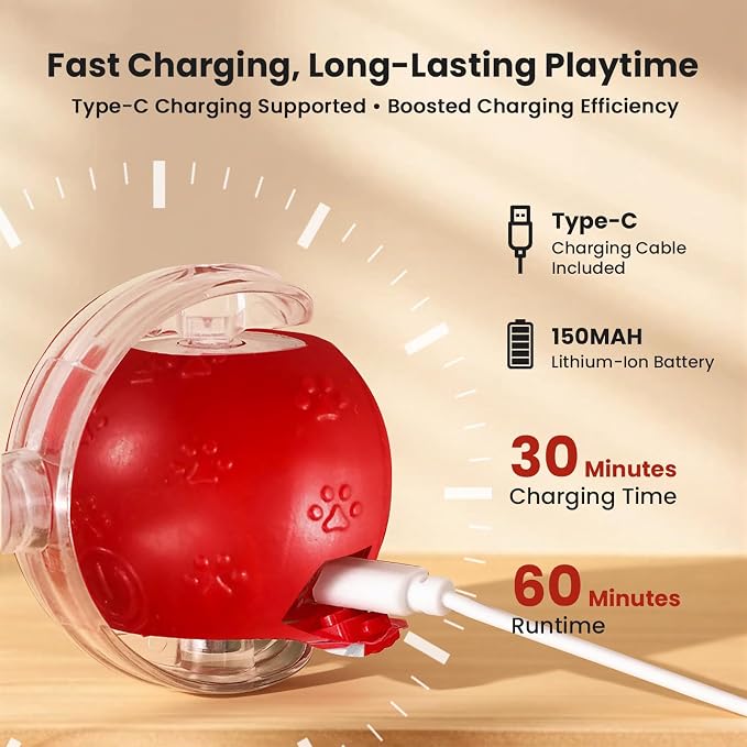 Rocfish Durable Interactive Cat Toys for Indoor Cats (red, 03) | Smart Automatic Cat Chase Ball Toy, Upgraded Speedy Tail Kitten Toy for Bored Indoor Adult Pets