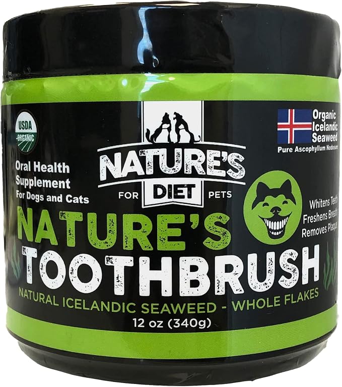 Nature's Diet Nature's Toothbrush Icelandic Seaweed Whole Flakes Oral Health Breath and Build-up Control Daily Meal Topper for Dogs & Cats