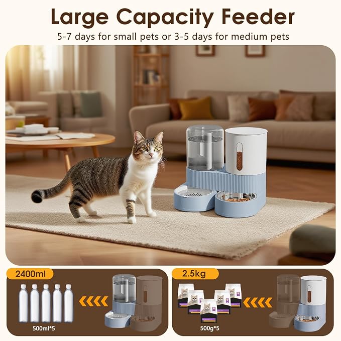 Automatic Gravity Cat Dog Feeder and Water Dispenser with 304 Stainless Steel Bowls 2, 2 in, Stainless Steel, Blue