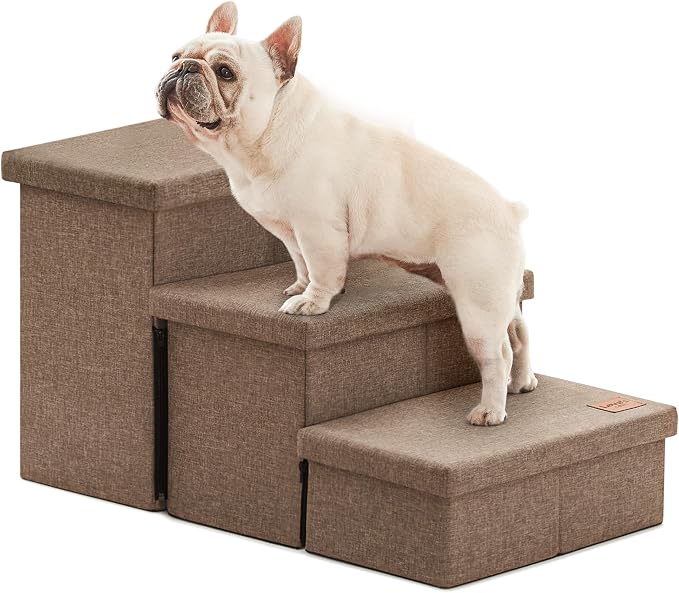 Love's cabin Dog Stairs for High Bed 18" H, Foldable Pet Stairs for Small Medium or Large Dogs Puppy with Storage for Bed or Couch, Cat Dog Steps Ramp with Zip up to 200 lbs, Light Brown, 3 Steps
