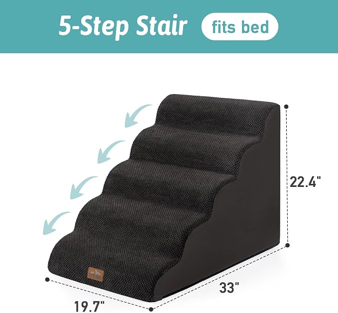 COZY KISS Extra Wide Dog Stair for Small Dog, 5 Step Pet Ramp for Bed | Curved Stable Dog Step for Puppy, Older Cat, Senior, Medium, Short-Legged Dog, Non-Slip Ladder for High Bed, 22.4" H, Black