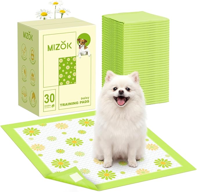 MIZOK Puppy Pads 22"x22", Dog Pee Pads 6-Layer Super Absorbent & Leak-Proof, Daisy Pattern, 4-Corner Adhesive Tabs, Wee Wee Pads for Puppies & Small Dog Breeds, Regular Size (30 Counts)