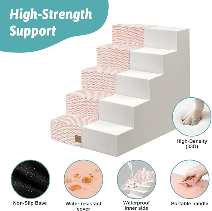 COZY KISS Dog Stairs for Small Dogs, 5 Step Pet Stairs for Beds & Couches | 23.6" H Wider Non-Slip Dog Steps for Bed, Ideal for Puppies, Senior Cats, and Small to Medium Dogs, 19.7x29.5x23.6 in, Pink