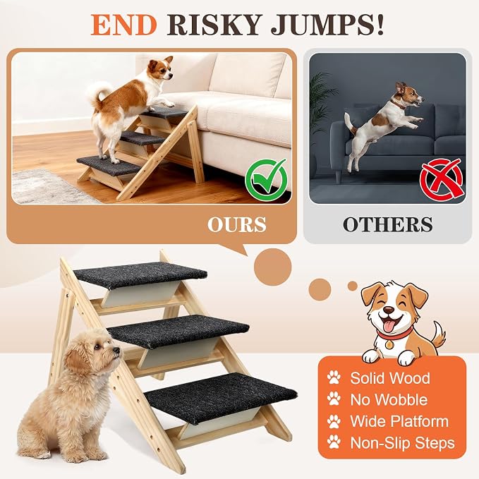 Dog Ramp, Durable Pet Stairs for High Beds, 2-in-1 Foldable Wooden Dog Steps for Couch and Car, Joint-Friendly Stairs for Senior Dogs, Non-Slip Carpeted Pet Steps with High-Weight Capacity