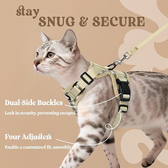 rabbitgoo Cat Harness and Leash Set, Escape Proof Vest, Foamy Coffee | Soft Breathable Mesh, Easy Adjustable Fit, Snap Buckles, Sturdy Clip, Reflective Strips, for Medium to Large Cats Walks, M