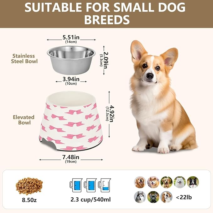 Blueangle Elevated Dog Bowls with Stainless Steel - Non-Slip 2.3 Cup High Capacity Pet Dish for Spinal Health & Red Bows Design（208）