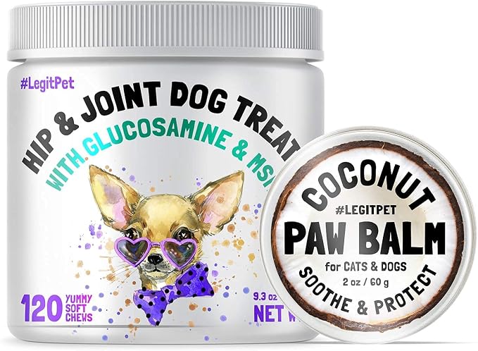 LEGITPET Hemp Hip & Joint Supplement for Dogs 120 Soft Chews and Paw Balm Wax Soother & Moisturizer Cream with Natural Food-Grade Coconut Oil, Organic Shea Butter & Beeswax 2oz Bundle