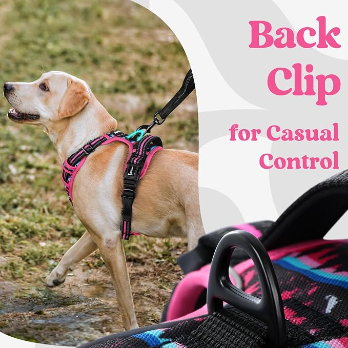 rabbitgoo Dog Harness for Large, Updated Easy On & Off with 3 Buckles | No Pull No Choke, Walking with 2 Clips and Handle, Adjustable Soft Reflective, Mountain Rose, X-large