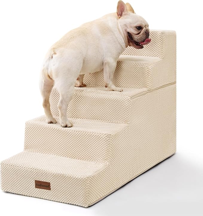 Aodisman Dog Stairs for High Bed 22.6" H,5-Step Dog Steps for Small Dogs and Cats,Indoor Non-Slip Balanced Pet Stairs are Suitable for Puppy,Older Cat,Beige